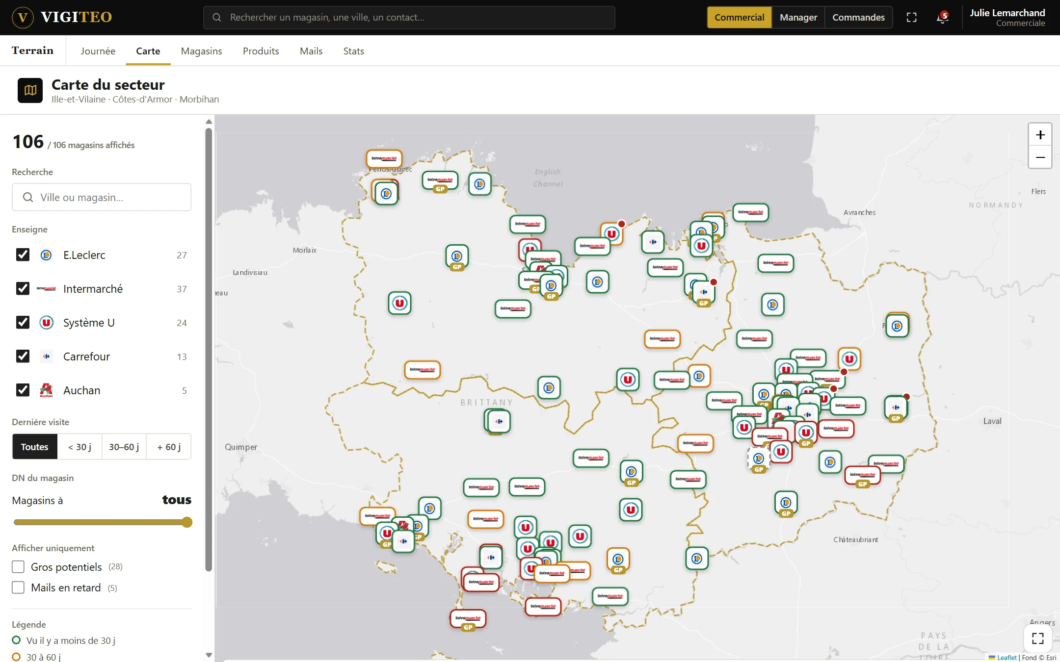 CRM terrain Vigiteo : carte du secteur avec les magasins GMS par enseigne et date de dernière visite