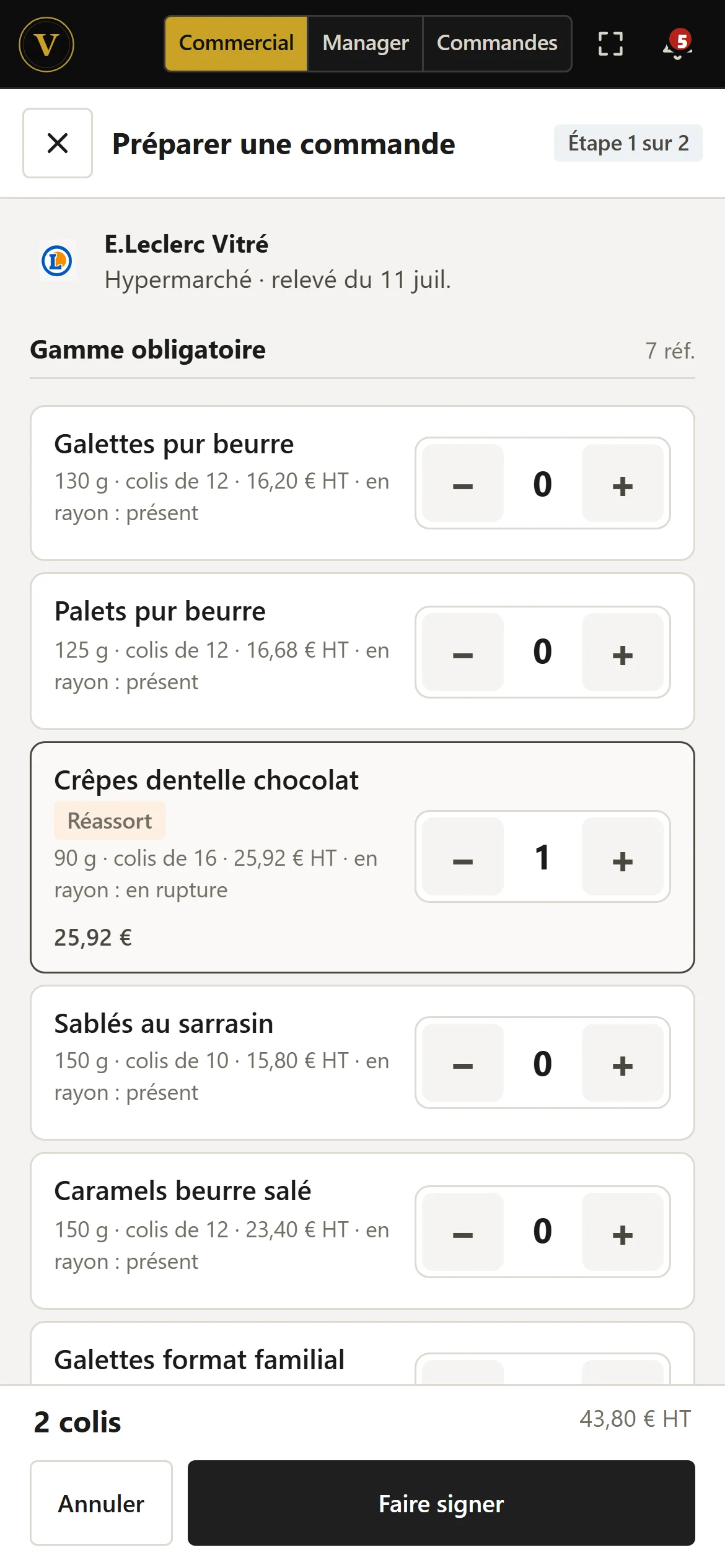 Prise de commande en magasin sur téléphone, préremplie d'après le relevé