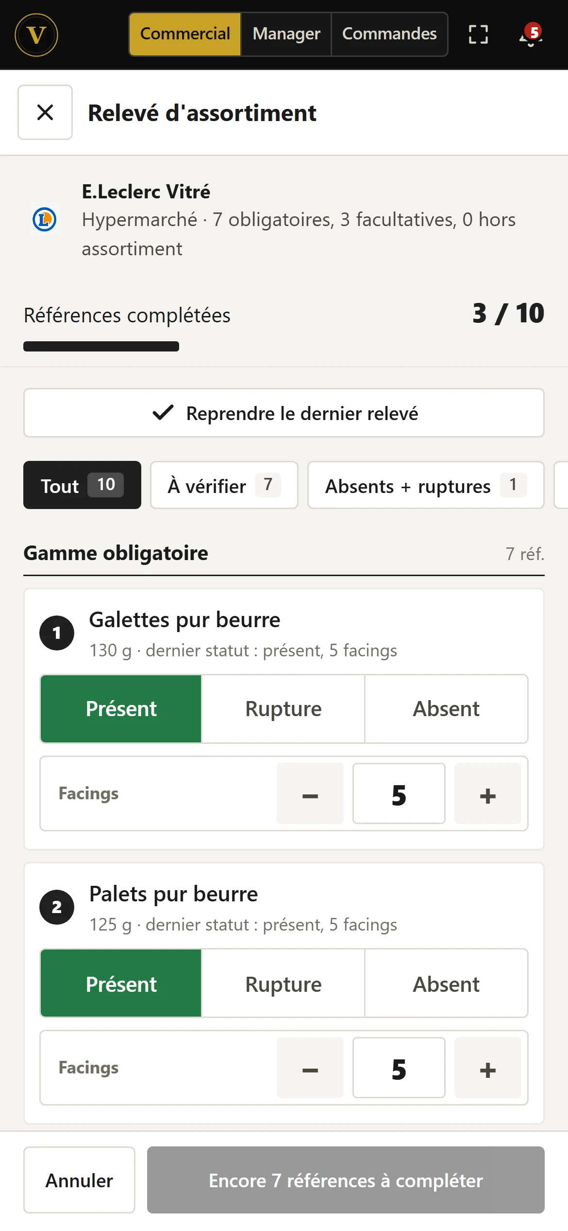Application de relevé de linéaire sur téléphone : présent, rupture ou absent et nombre de facings
